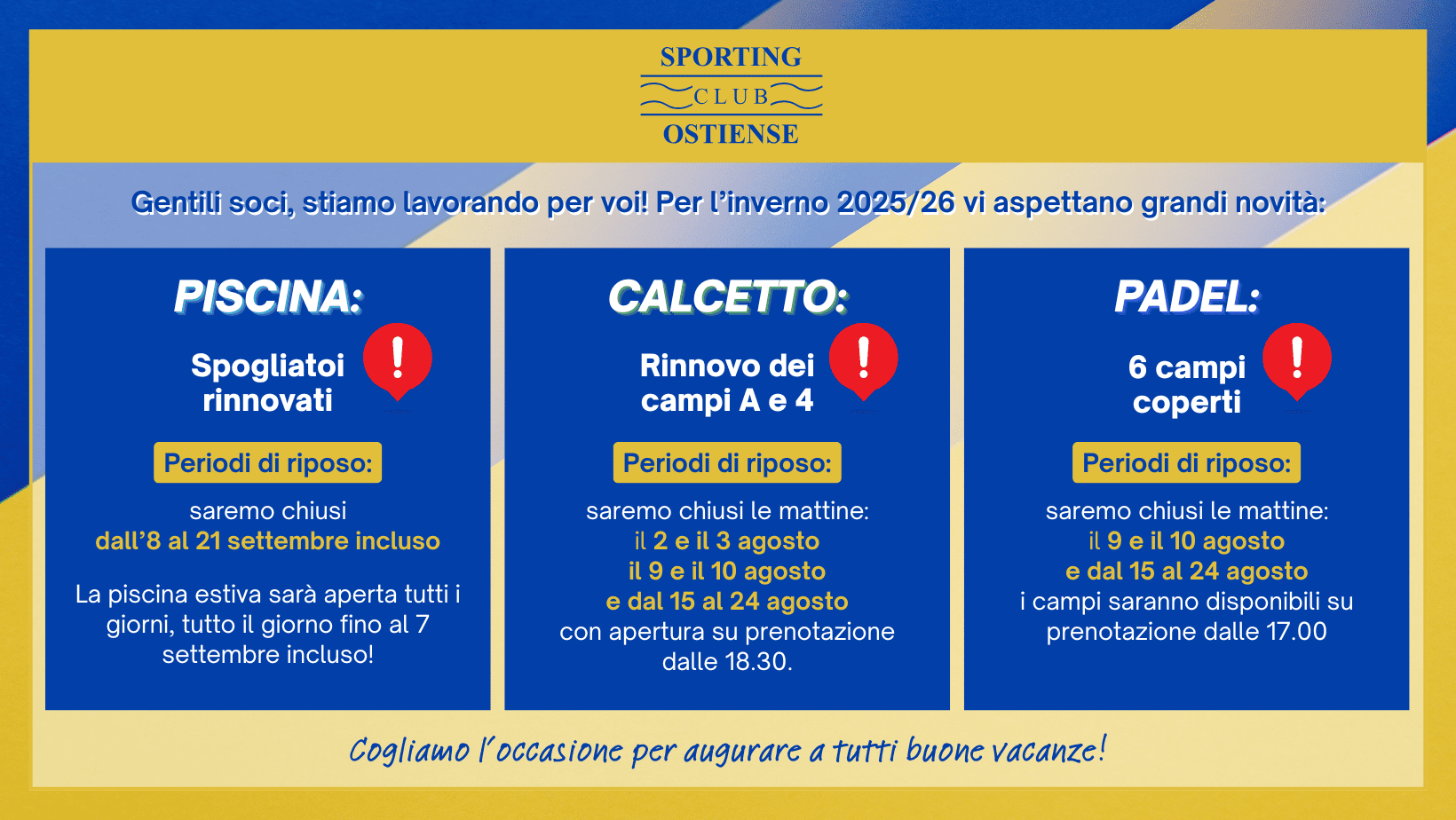 avviso delle chiusure estive di piscina, calcetto, padel e pickleball